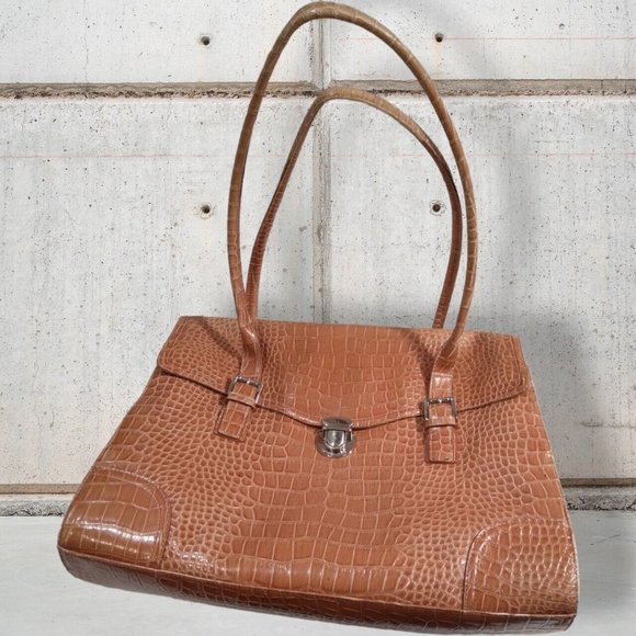 LIZ CLAIBORNE Briefcase Laptop Case Bag Purse Brown Faux Crocodile 16X13X3.5" - Picture 1 of 5